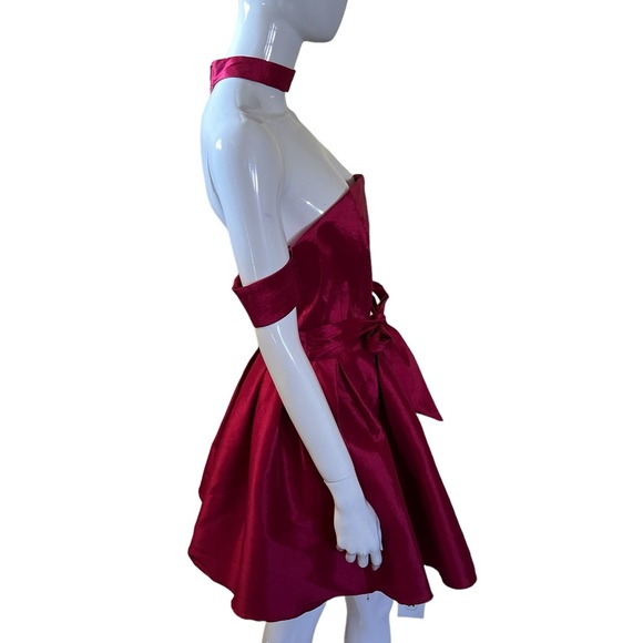 NWT Papaya Satin Bow-Tie Open Back/Shoulder Choker Red Mini Dress SZ L❤️ - Picture 3 of 15